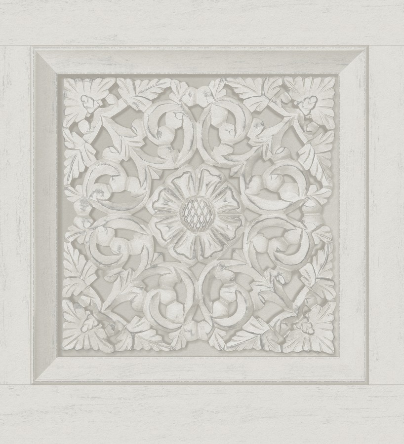 Papel pintado casetones barrocos gris claro con efecto madera tallada sin relieve Odeon Rail 682360