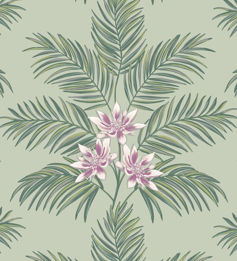 Papel pintado de hojas de palmera con flores estilo tropical color verde claro Malibu Palms 682363