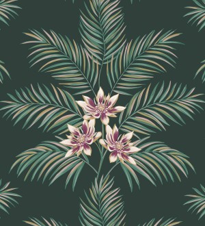 Papel pintado de hojas de palmera con flores estilo tropical color verde oscuro Malibu Palms 682364