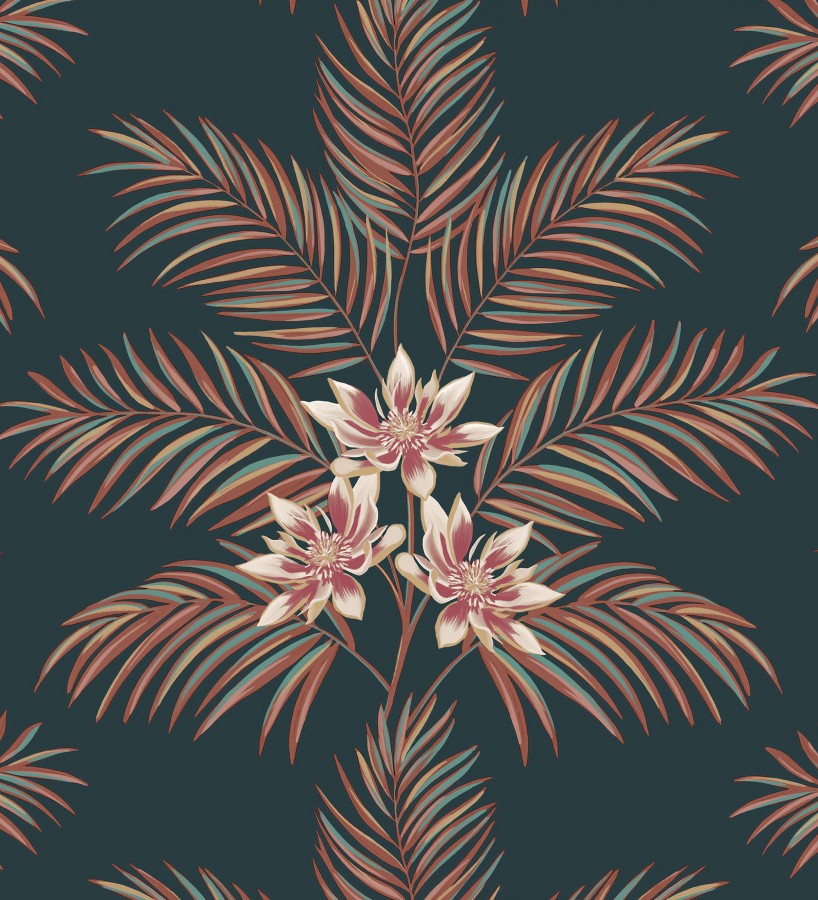 Papel pintado de hojas de palmera con flores estilo tropical color azul petróleo Malibu Palms 682365
