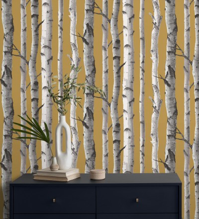 Papel pintado tronco de árboles estilo nórdico color mostaza Nordic Forest 682372