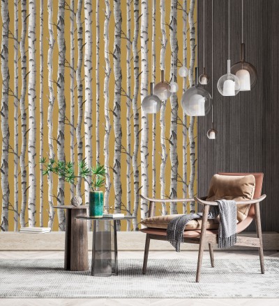 Papel pintado tronco de árboles estilo nórdico color mostaza Nordic Forest 682372