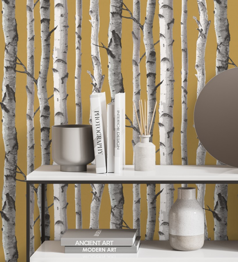 Papel pintado tronco de árboles estilo nórdico color mostaza Nordic Forest 682372