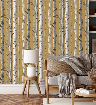 Papel pintado tronco de árboles estilo nórdico color mostaza Nordic Forest 682372