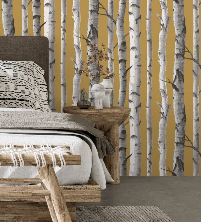 Papel pintado tronco de árboles estilo nórdico color mostaza Nordic Forest 682372
