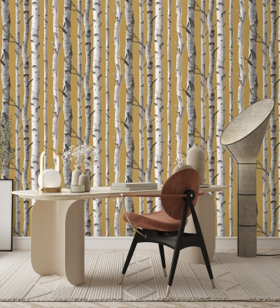 Papel pintado tronco de árboles estilo nórdico color mostaza Nordic Forest 682372