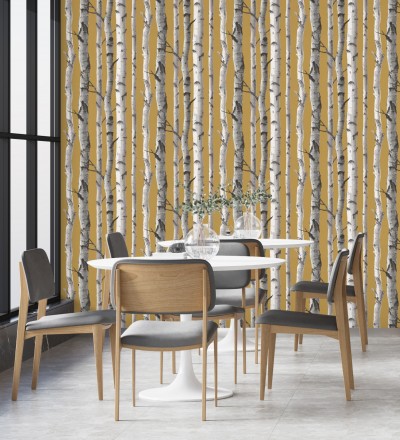 Papel pintado tronco de árboles estilo nórdico color mostaza Nordic Forest 682372