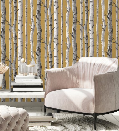 Papel pintado tronco de árboles estilo nórdico color mostaza Nordic Forest 682372