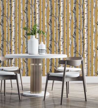 Papel pintado tronco de árboles estilo nórdico color mostaza Nordic Forest 682372