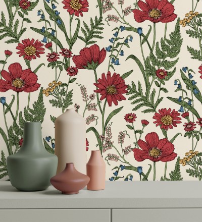 Papel pintado de flores silvestres con margaritas y amapolas fondo beige claro Margot Meadow 682379