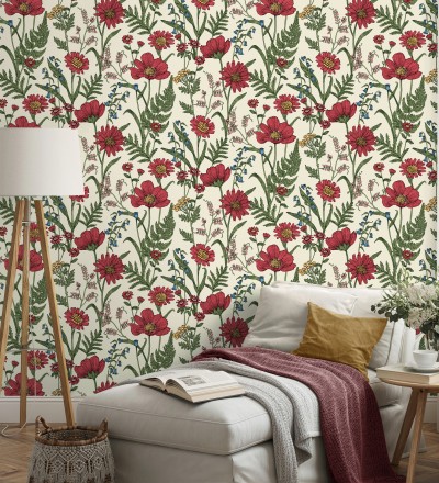 Papel pintado de flores silvestres con margaritas y amapolas fondo beige claro Margot Meadow 682379