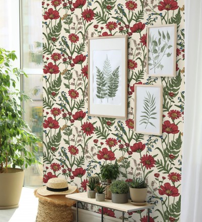 Papel pintado de flores silvestres con margaritas y amapolas fondo beige claro Margot Meadow 682379
