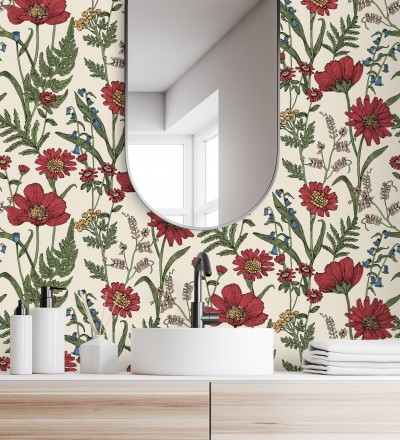 Papel pintado de flores silvestres con margaritas y amapolas fondo beige claro Margot Meadow 682379