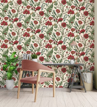 Papel pintado de flores silvestres con margaritas y amapolas fondo beige claro Margot Meadow 682379