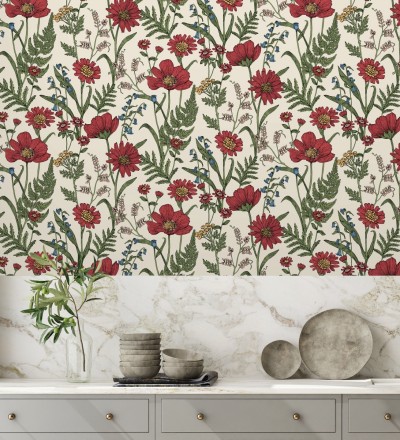 Papel pintado de flores silvestres con margaritas y amapolas fondo beige claro Margot Meadow 682379