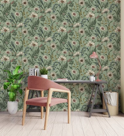 Papel pintado de flores silvestres con margaritas y amapolas fondo verde Margot Meadow 682381