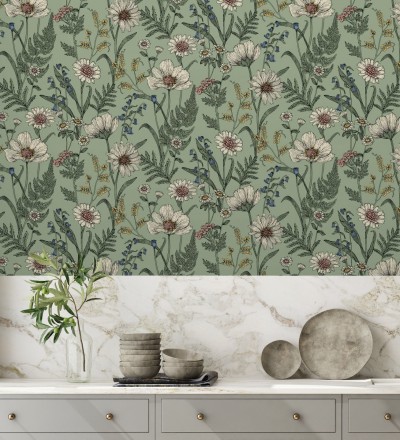 Papel pintado de flores silvestres con margaritas y amapolas fondo verde Margot Meadow 682381