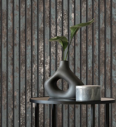 Papel pintado efecto listones de madera envejecida con detalles metalizados Oslo Lattes 682386