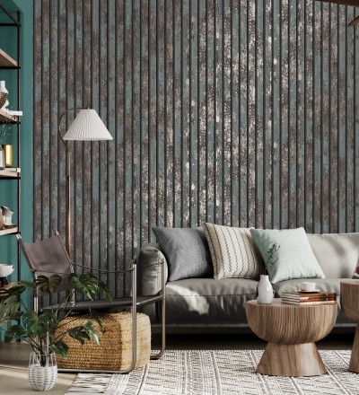 Papel pintado efecto listones de madera envejecida con detalles metalizados Oslo Lattes 682386