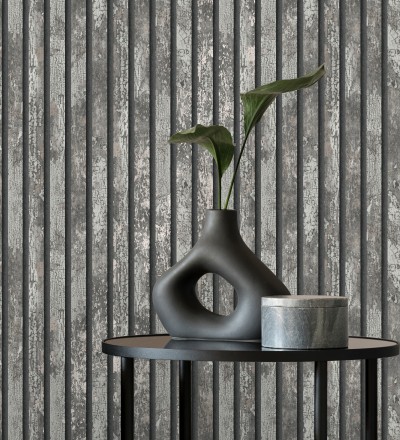 Papel pintado efecto listones de madera envejecida con detalles metalizados Oslo Lattes 682387