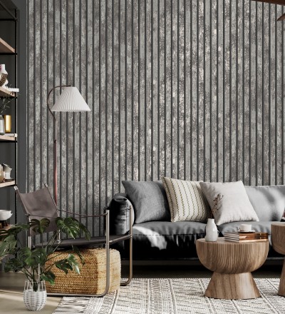 Papel pintado efecto listones de madera envejecida con detalles metalizados Oslo Lattes 682387