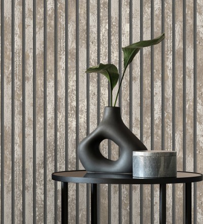 Papel pintado efecto listones de madera envejecida con detalles metalizados Oslo Lattes 682388