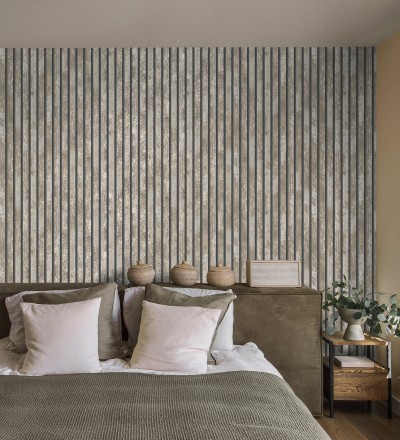 Papel pintado efecto listones de madera envejecida con detalles metalizados Oslo Lattes 682388