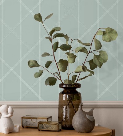Papel pintado de rombos imitación tela cosida verde agua Derek 682412