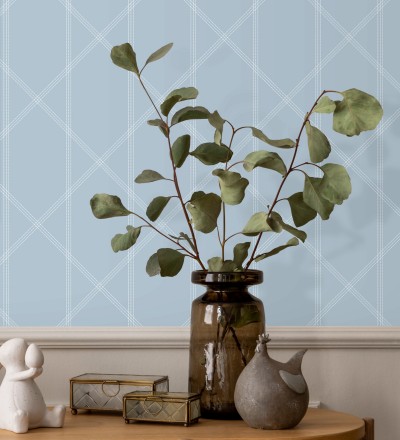 Papel pintado de rombos imitación tela cosida celeste Derek 682413
