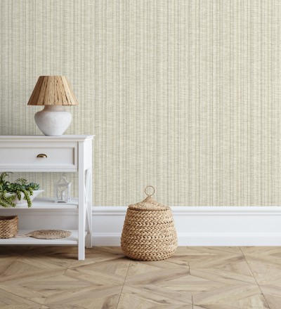 Papel pintado imitación tela jacquard de rayas beige tostado Leeds 682464