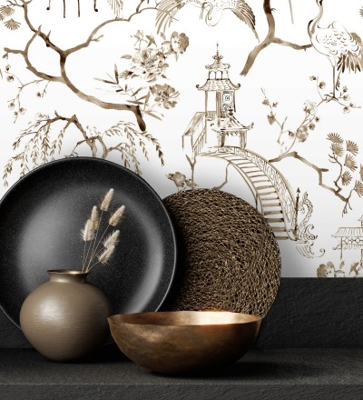 Papel pintado toile de jouy japonés tinte marrón Misawa 682478