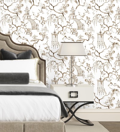 Papel pintado toile de jouy japonés tinte marrón Misawa 682478