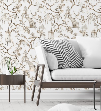 Papel pintado toile de jouy japonés tinte marrón Misawa 682478