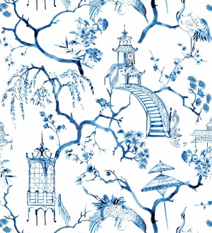 Papel pintado toile de jouy japonés tinte azul Misawa 682481