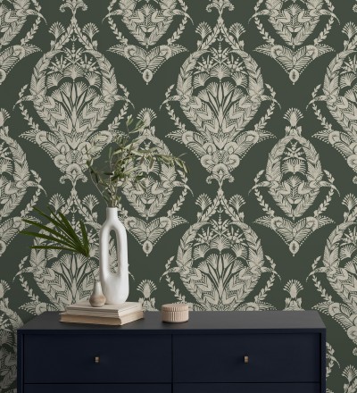 Papel pintado ornamental estilo inglés color verde oscuro Aruna 682492