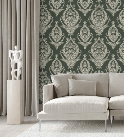 Papel pintado ornamental estilo inglés color verde oscuro Aruna 682492