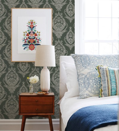 Papel pintado ornamental estilo inglés color verde oscuro Aruna 682492