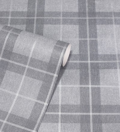 Papel pintado de cuadros escoceses efecto tela tartán color gris Norris 682531