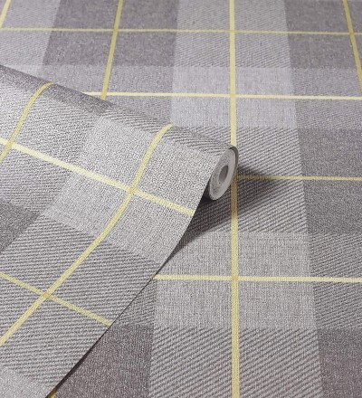 Papel pintado de cuadros escoceses efecto tela tartán color gris y amarillo Smith Tartan 682539