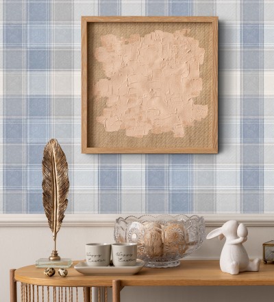 Papel pintado de cuadros escoceses efecto tela tartán tonos azules Roslin Tartan 682542