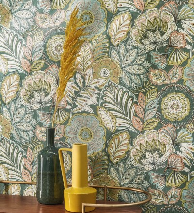 Papel pintado de flores y hojas estilo étnico floral Camila Poppy 682552