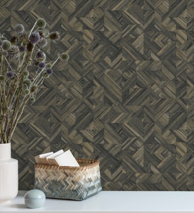 Papel pintado efecto madera teñida formando dibujo geométrico Ekon 682560