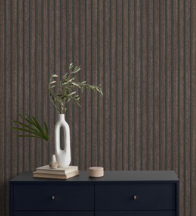 Papel pintado de listones de madera ébano imitando el diseño de palillería Lance Wood Line 682663