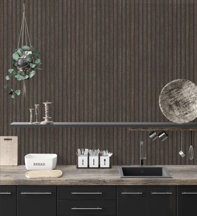 Papel pintado de listones de madera ébano imitando el diseño de palillería Lance Wood Line 682663