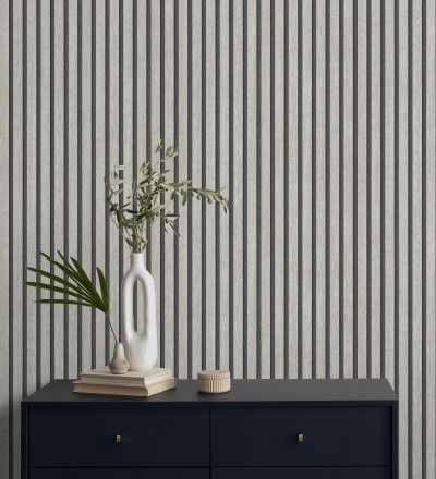 Papel pintado de listones de madera gris imitando el diseño de palillería Lance Wood Line 682664