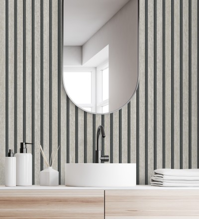 Papel pintado de listones de madera gris imitando el diseño de palillería Lance Wood Line 682664