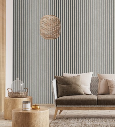 Papel pintado de listones de madera gris imitando el diseño de palillería Lance Wood Line 682664