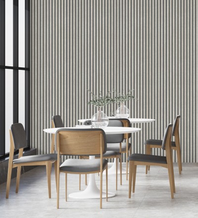 Papel pintado de listones de madera gris imitando el diseño de palillería Lance Wood Line 682664