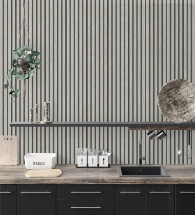 Papel pintado de listones de madera gris imitando el diseño de palillería Lance Wood Line 682664