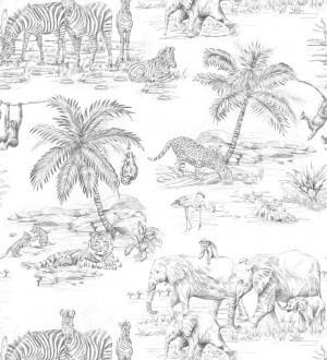Papel pintado infantil de diseño toile de jouy con dibujo de animales en la selva tropical Serengeti Live 682666